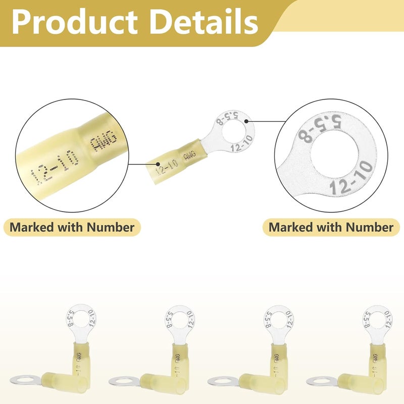 PRECIHW 100 PCS 5/16'' Heat Shrink Ring Terminals (12-10 AWG), Insulated Ring Terminals, Nylon Eyelet Wire Connectors, Insulated Crimp Electrical Connectors, Marine Grade Ring Terminals for Automotive, Audio - Image 3